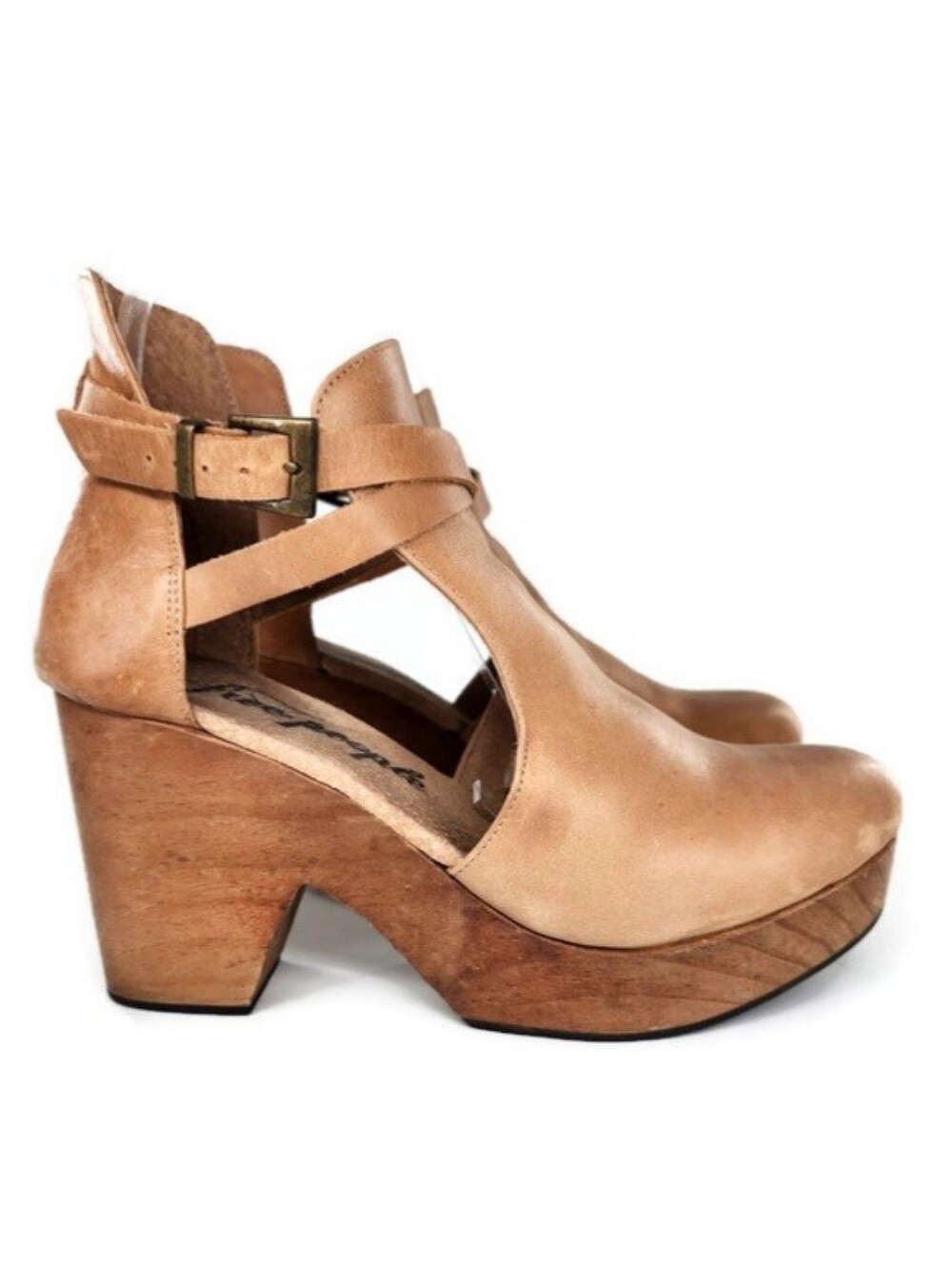 Free People Cedar Tan Smooth Leather Wooden High Heel Platform Clogs - Picture 2 of 14